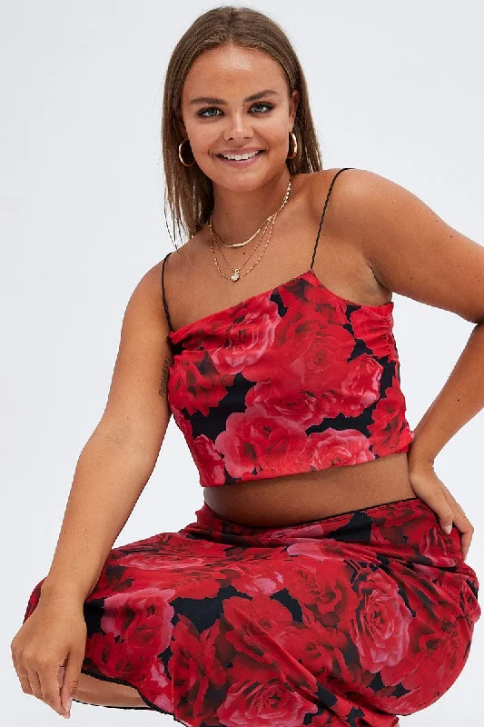 Multi Floral Crop Top Sleeveless Lined Mesh Print Jacquard Patchwork