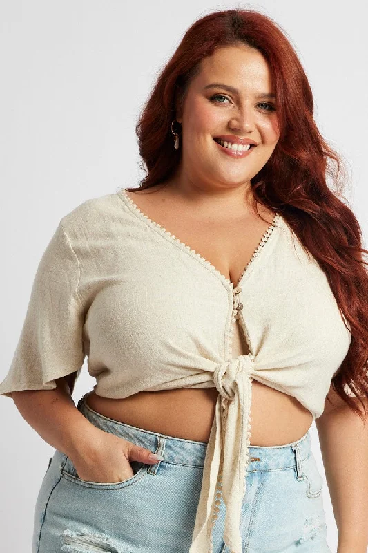 Beige Crop Top Short Sleeve Tie Front Linen Blend Ribbed Crop Top High Neck Heavyweight