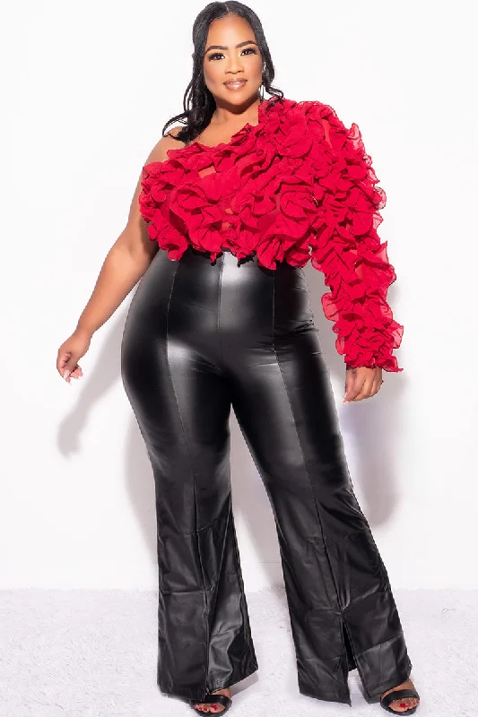Final Sale Plus Size Ruffled One Shoulder Crop Top in Red Cozy Warm Stylish