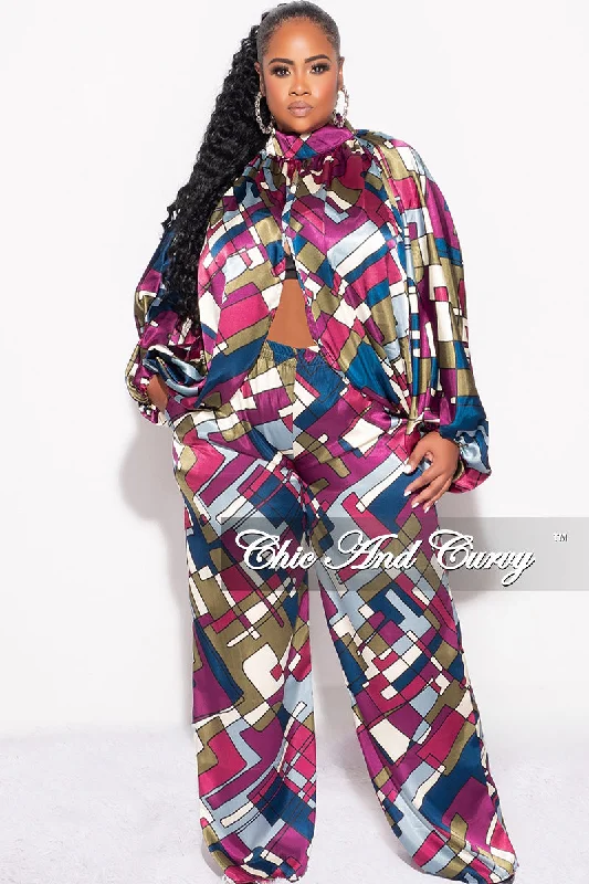 Final Sale Plus Size 2pc Stain Balloon Sleeve Crop Top and Palazzo Pants Set Multi Color Print Cozy Warm Stylish