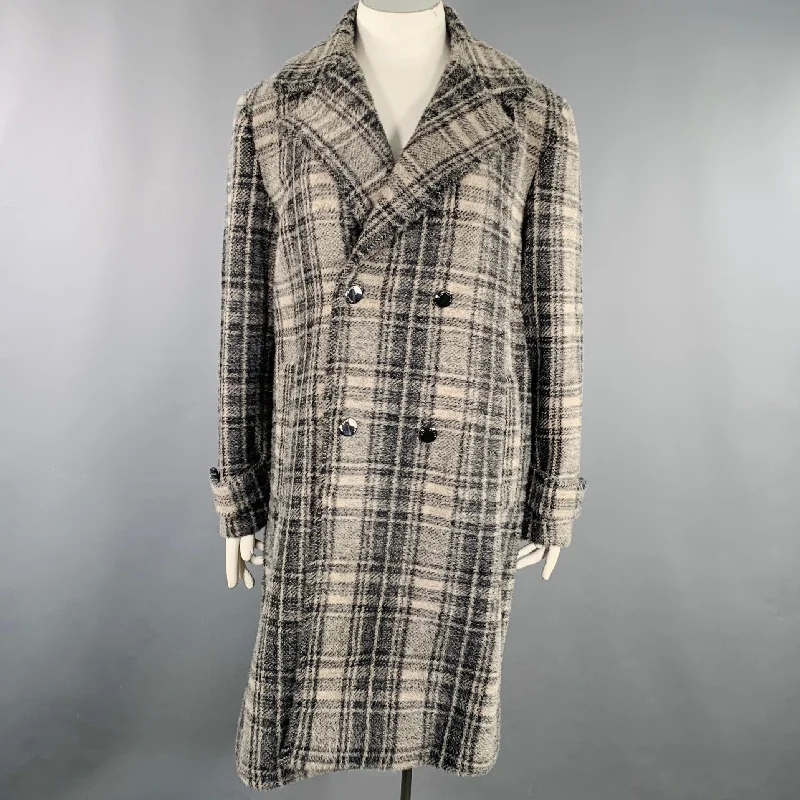 ELIE TAHARI Size XL Grey Black Nylon Blend Plaid Double Breasted Coat Pleated Ruffled tiered ELIE TAHARI Size XL Grey Black Nylon Blend Plaid Double Breasted Coat Pleated Ruffled tiered