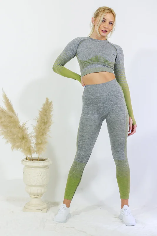 Legging and Long Sleeve Top Set - Green Trendy Sports Performance Leggings