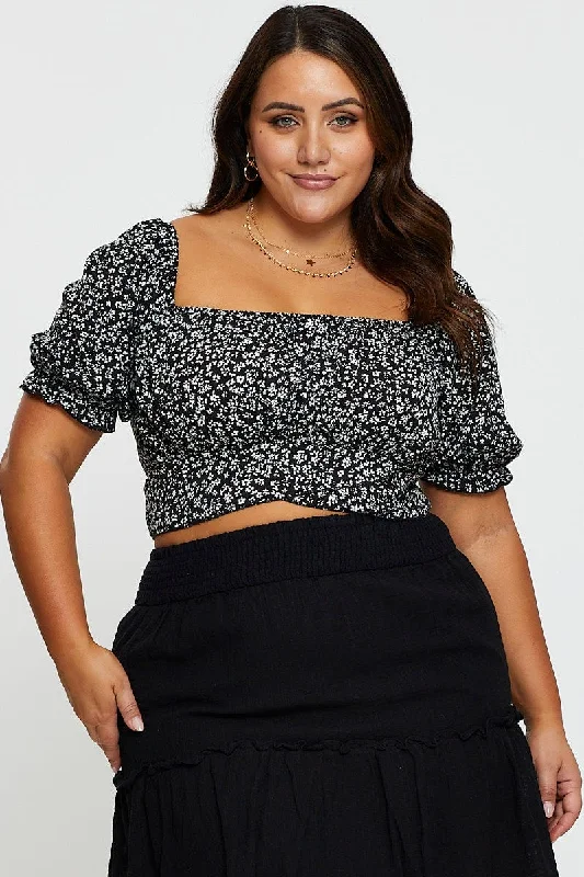 Ditsy Print Crop Top Short Sleeve Shirred Back Ribbed Striped Patterned