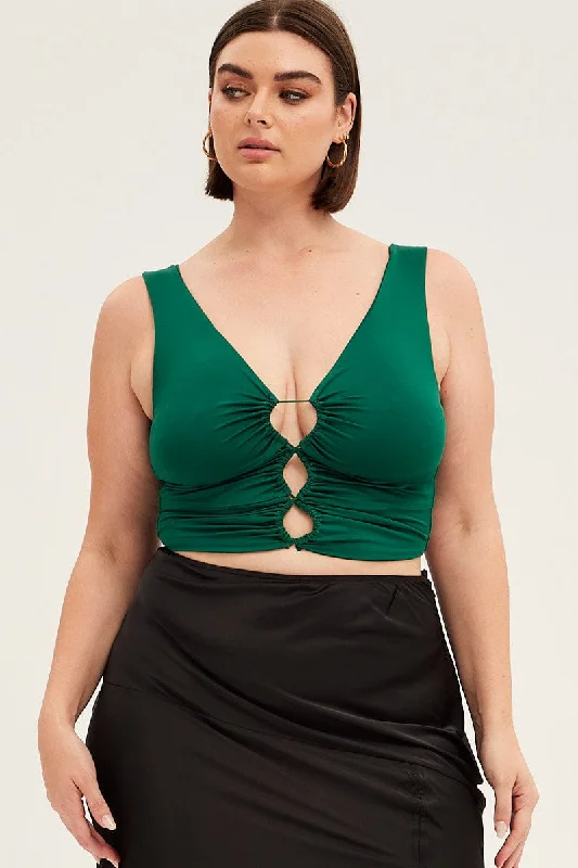Green Crop Top Sleeveless Peephole Front Detail Jersey Welt Pockets Slit Pockets Flap Pockets