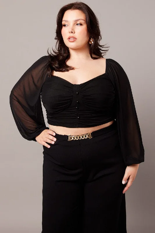 Black Crop Top Long Sleeve Ruched Boxy Fit Fitted Loose