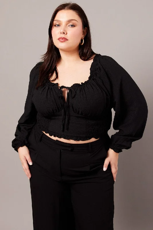 Black Ruched Crop Top Long Sleeve Machine Wash Dry Clean Hand Wash