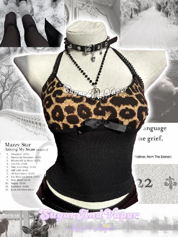 Esme Leopard Patch Halter Crop Top Thin Crop Top Open Front Quick Dry