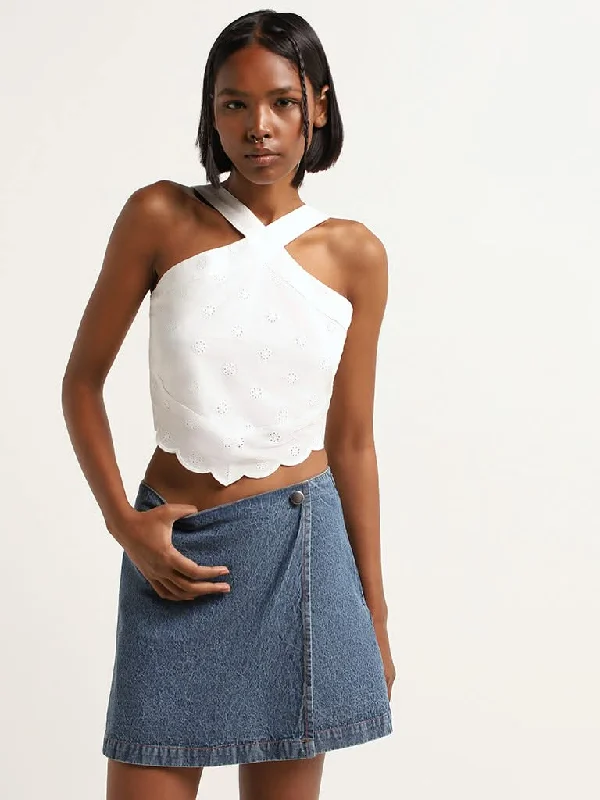 Nuon White Cotton Schiffli Crop Top Modern Contemporary Chic