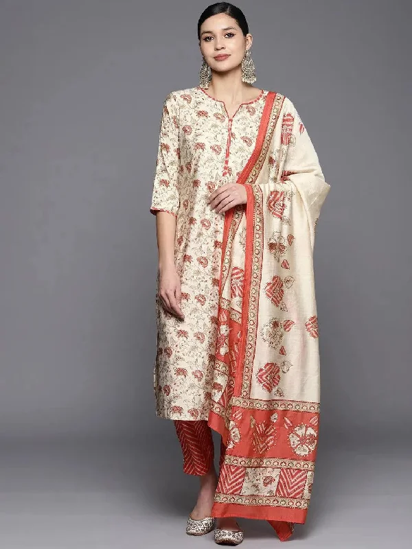Beige Printed Silk Blend Straight Kurta With Trousers & Dupatta Trousers versatile functional