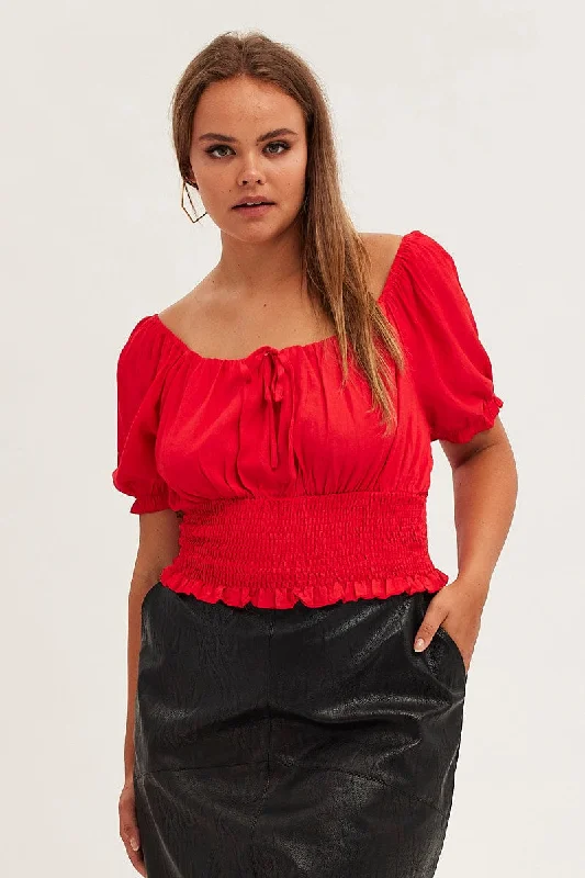 Red Crop Top Short Sleeve Waist Shirred Chenille Blend Fleece Blend Nylon Blend