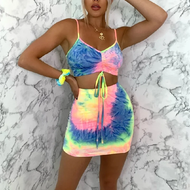 Tie Dye Crop Top & Skirt Polka Dot Checkered Tartan