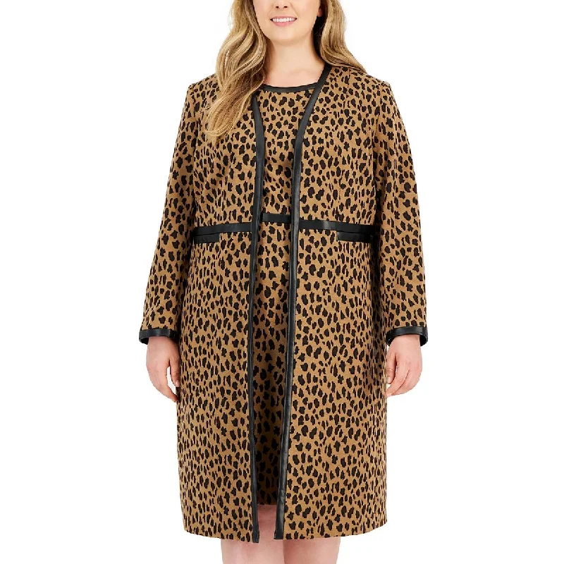 Kasper Womens Plus Animal Print Long Long Coat Tie-Waist Belted Drawstring
