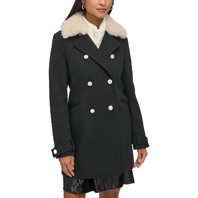 Karl Lagerfeld Paris Womens Double Breasted Faux Fur Collar Pea Coat Vent Hem Cuff