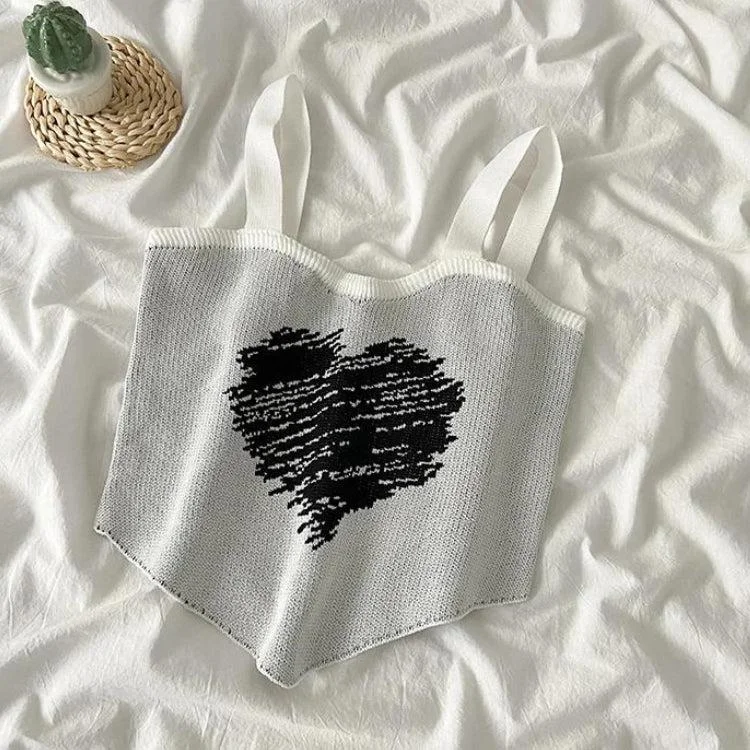 Asymmetric Heart Knitted Crop Top Asymmetrical Pockets Print