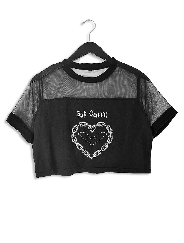 Bat Queen Mesh Crop Top Ribbed Striped Patterned