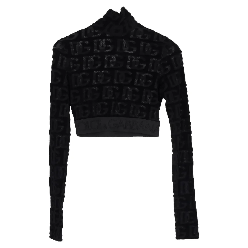 Dolce & Gabbana DG-Logo Crop Top in Black Cotton Jacquard Wool Fabric Cashmere Fabric Tweed Fabric Dolce & Gabbana DG-Logo Crop Top in Black Cotton Jacquard Wool Fabric Cashmere Fabric Tweed Fabric