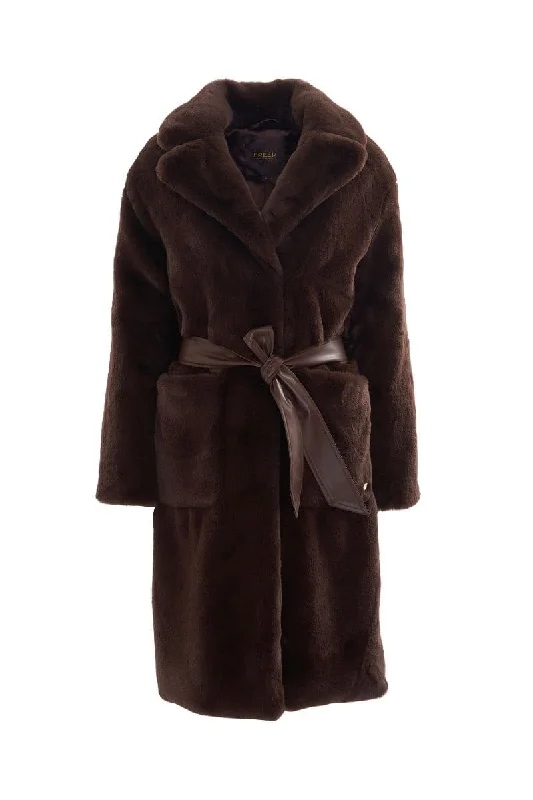 CHOCOLATE BROWN ESPRESSO THE LILY FUR COAT Tie-Waist Belted Drawstring