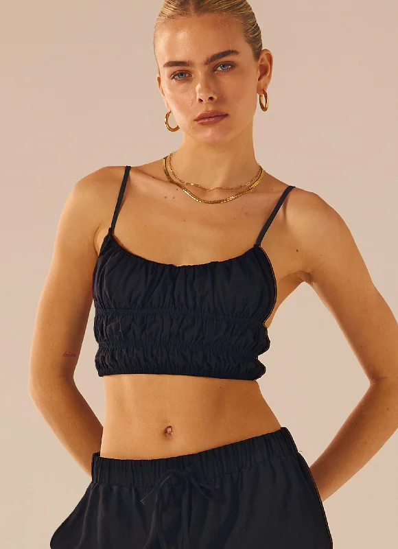 Beautiful Liar Linen Crop Top - Black Terry Blend Velvet Blend Canvas Blend