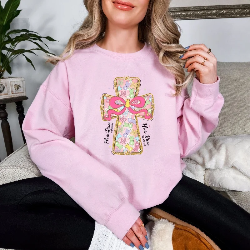 Hazel Blues® | Peeps and Bows Cross Graphic Sweatshirt Hoodie with Thumb Holes Functional Cozy Hazel Blues® | Peeps and Bows Cross Graphic Sweatshirt Hoodie with Thumb Holes Functional Cozy