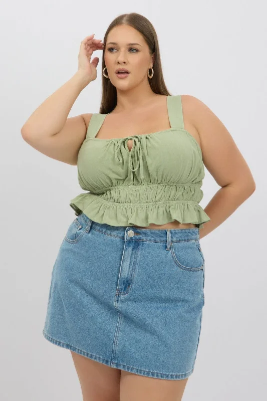 Green Tie Front Crop Top Sleeveless Ruched Plaid Crop Top Polka Dot Checkered