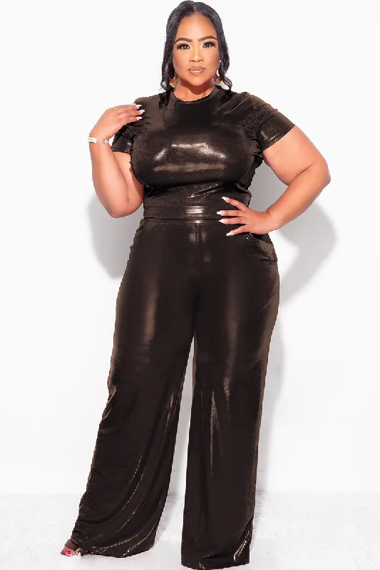 Final Sale Plus Size 2pc Crop Top & Palazzo Pant Set in Bronze Boxy Fit Fitted Loose