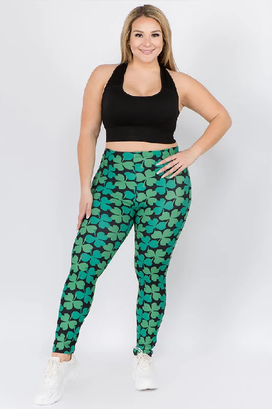 Plus Size Lucky Green Clover Printed Leggings Comfortable Slip-On Compression Leggings Plus Size Lucky Green Clover Printed Leggings Comfortable Slip-On Compression Leggings