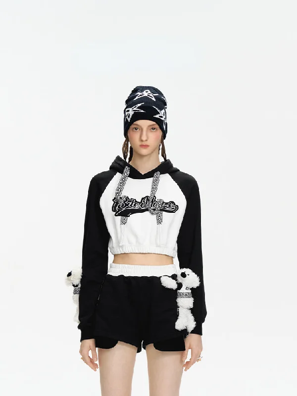 String Baseball Logo Short Hoodie Hoodie with High-Low Hem Asymmetrical Trendy