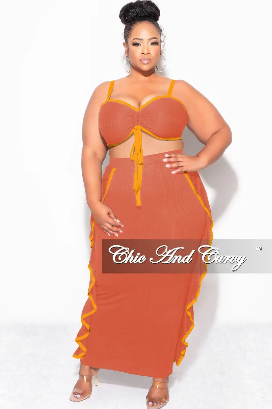 Final Sale Plus Size 2pc Crop Top and Ruffle Skirt Set in Rust and Mustard Striped Floral Plaid