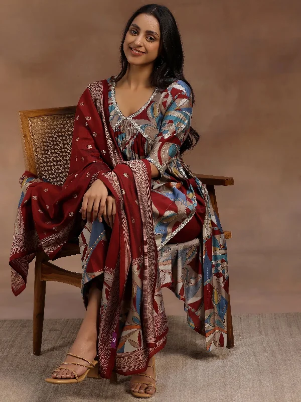 Maroon Printed Silk Blend A-Line Kurta With Trousers & Dupatta Trousers Spring Floral