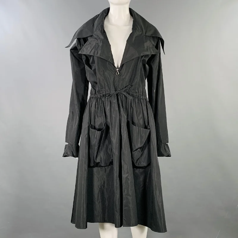 LAGERFELD Size 8 Black Silk Coat Tweed Herringbone Houndstooth