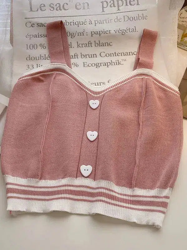 Soft Girl Heart Buttoned Knitted Crop Top Solid Color Striped Floral