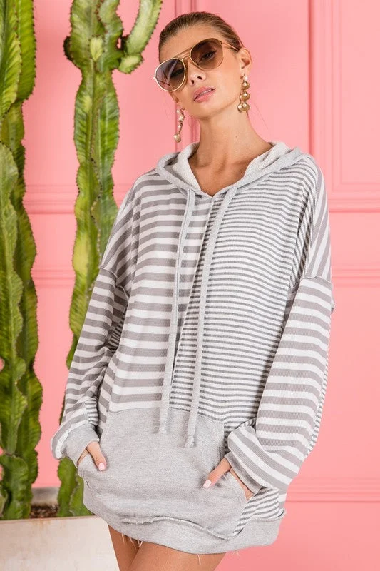 Hazel Blues® | BiBi Drawstring Striped Long Sleeve Hoodie with Kangaroo Pocket Hoodie with Button Placket Classic Preppy Hazel Blues® | BiBi Drawstring Striped Long Sleeve Hoodie with Kangaroo Pocket Hoodie with Button Placket Classic Preppy
