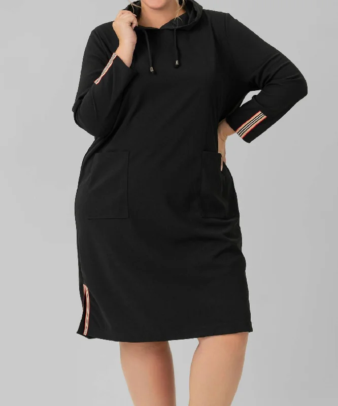 Kylia Hoodie Dress In Black Hoodie with Hem Fringe Bohemian Relaxed