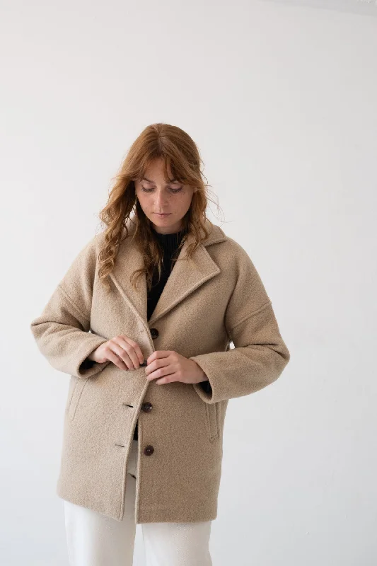Tad Coat 100% Merino Wool in Magnolia Beige Appliqued Beaded Sequined