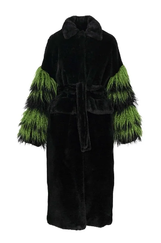 LONG BLACK AND GREEN FAUX FUR COAT WITH FLUFFY SLEEVES Kimono Robe Cloak