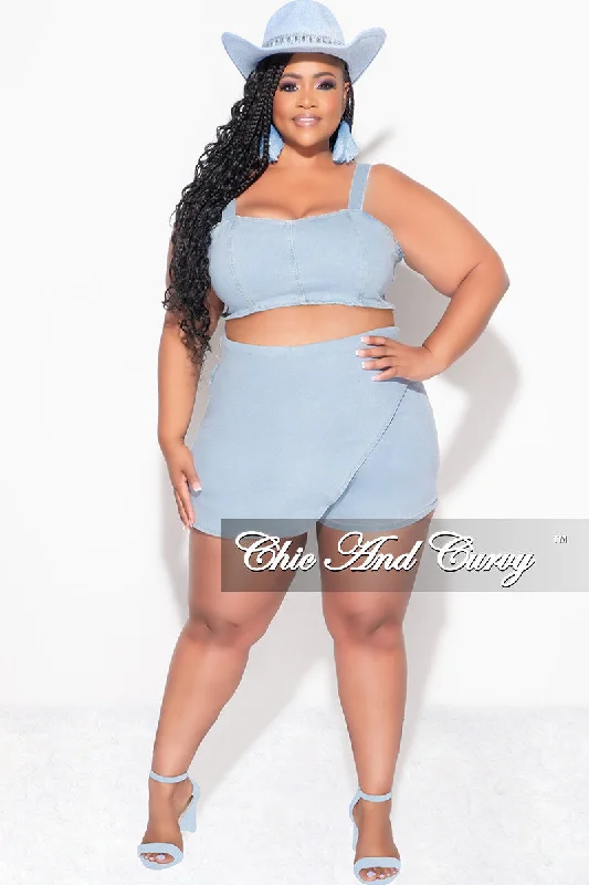Final Sale Plus Size 2pc Strapless Crop Top and Skort Set in Light Denim Spandex Blend Rayon Blend Denim Blend Final Sale Plus Size 2pc Strapless Crop Top and Skort Set in Light Denim Spandex Blend Rayon Blend Denim Blend