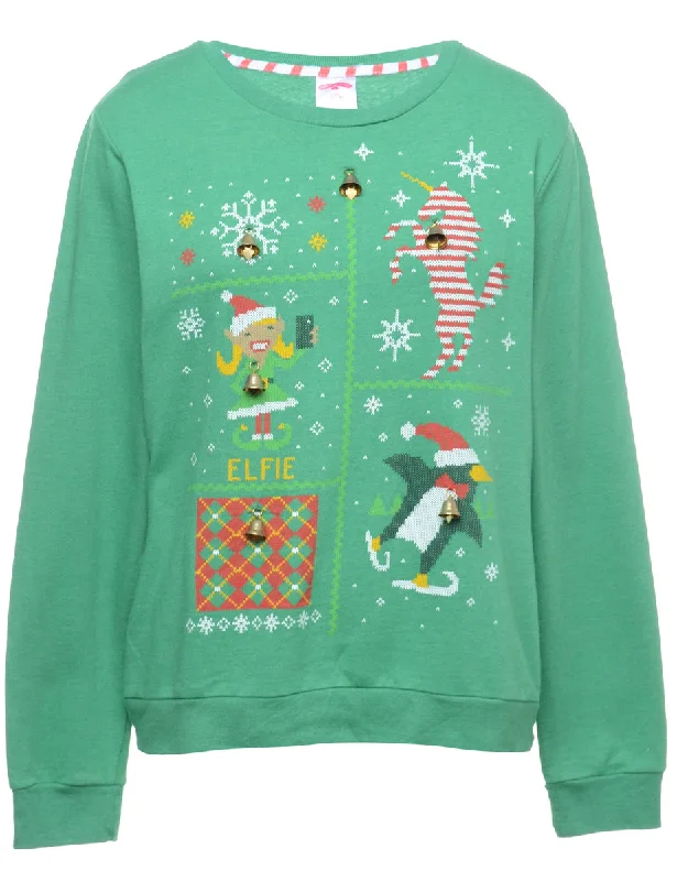 Beyond Retro Reworked Christmas Sweatshirt With Bells - L Hoodie with Velcro Closure Adjustable Secure Beyond Retro Reworked Christmas Sweatshirt With Bells - L Hoodie with Velcro Closure Adjustable Secure
