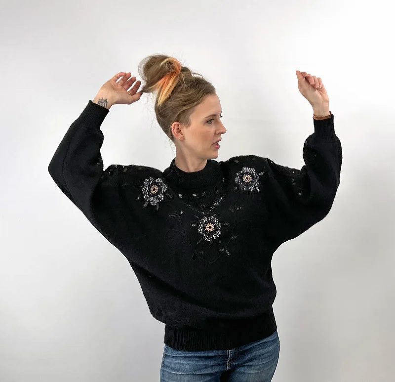 Women's 80s Gem Sweater Cropped 90s Pullover Hong Kong Beaded Sequinned Pearls Mariea Kim VFG Bishop Sleeve Elegant