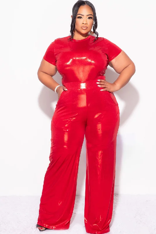 Final Sale Plus Size 2pc Crop Top & Palazzo Pant Set in Metallic Red Hooded Caped Shawl Collar