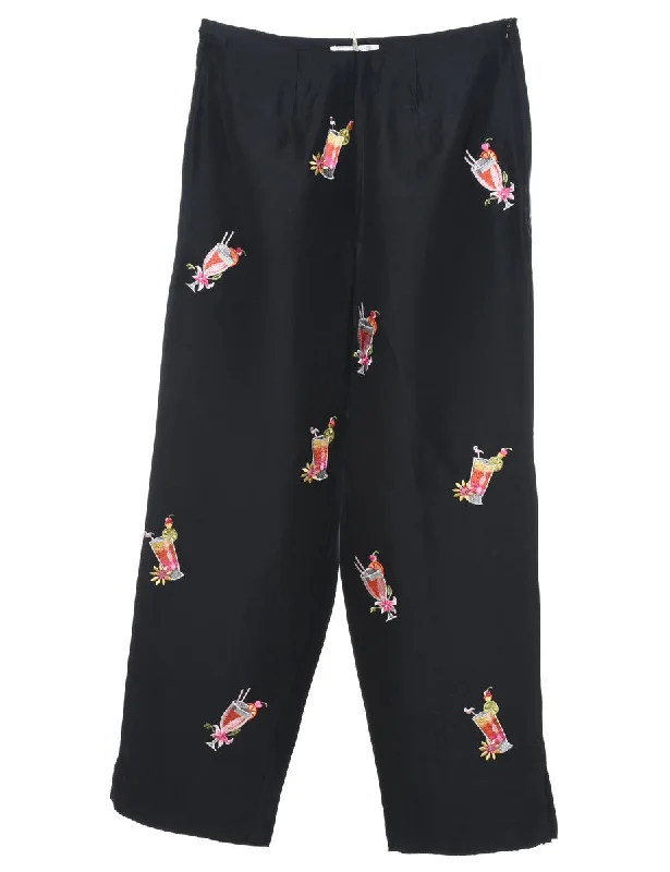 Novelty Print Embroidered Silk Trousers - W28 L27 Trousers Print Floral