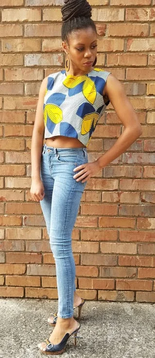 Blue and Yellow African Print Crop Top- DP3209CTP Handmade Hand-knitted Hand-woven