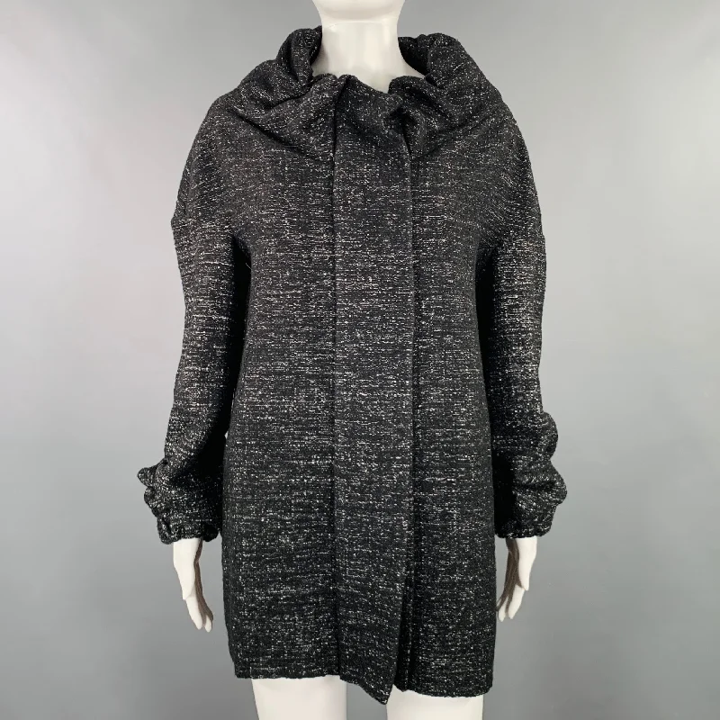 MARNI Size 8 Black White Wool Blend Woven Ruched Zip Up Coat Pockets Sleeves Lining