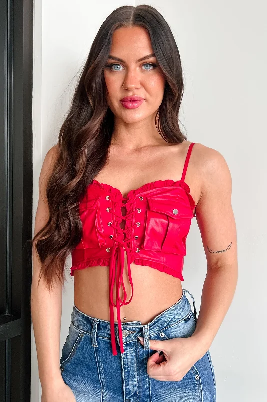 Make 'Em Blush Faux Leather Crop Top (Red) Knit Fabric Woven Fabric Fleece Fabric
