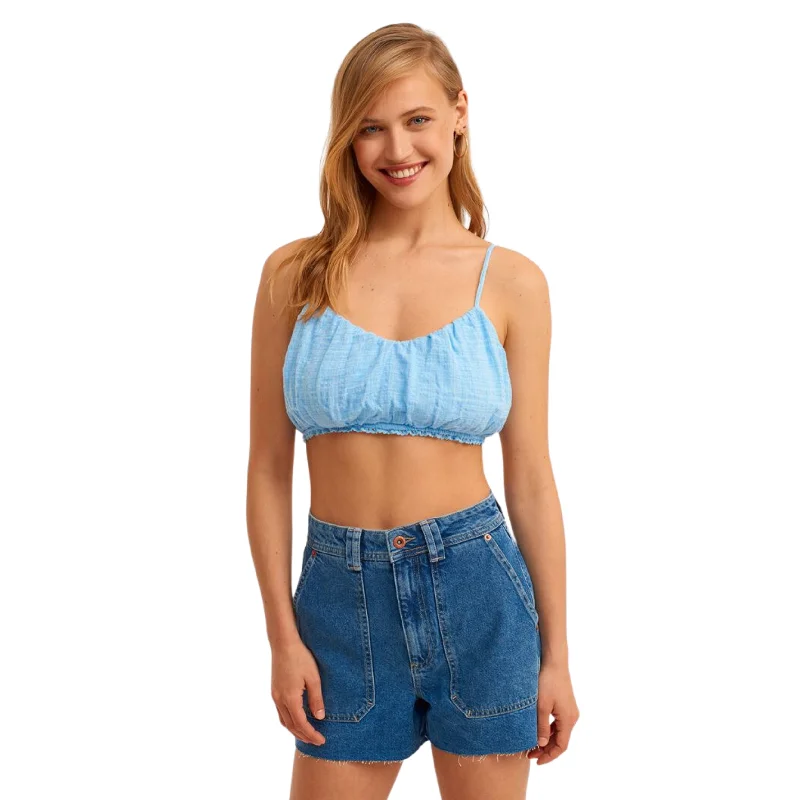 OXXO - Strappy and Pleated Crop Top Wool Fabric Cashmere Fabric Tweed Fabric