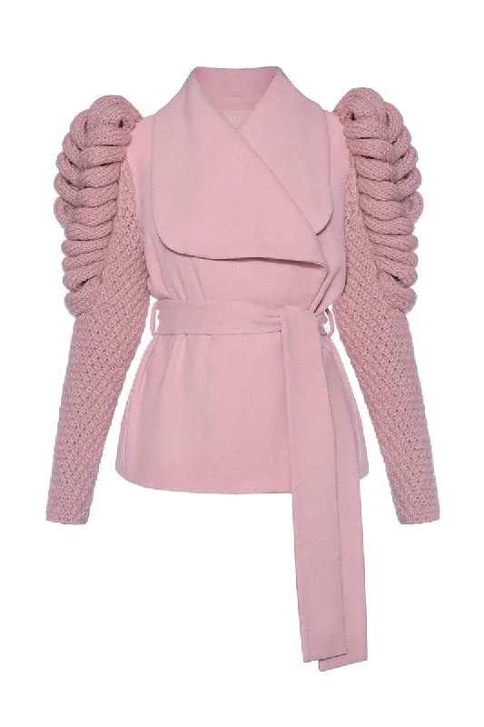 BELTED SHORT PINK COAT WITH KNITTED SLEEVES Cape Coat Herringbone Coat Tweed Coat