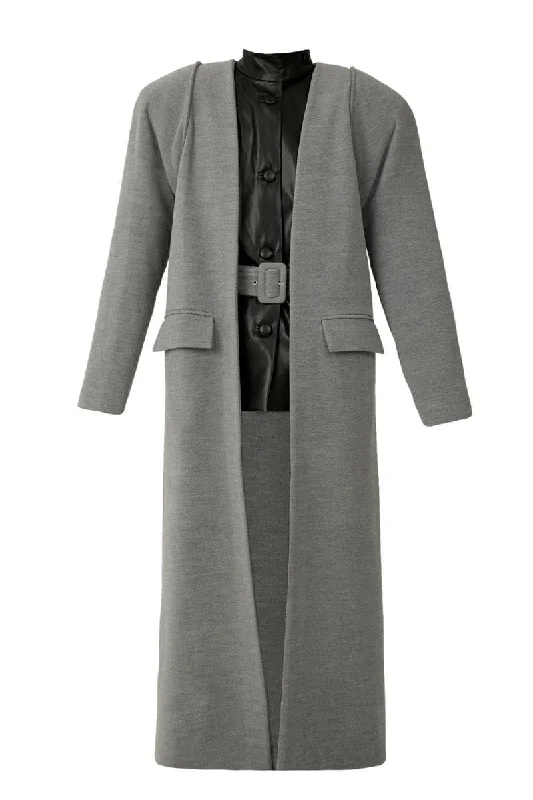 TWO-LAYERED GRAY LONG COAT Trim Padded Insulated