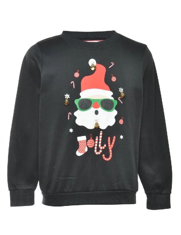 Beyond Retro Reworked Christmas Sweatshirt With Bells - L Hoodie with Drawstring Waist Adjustable Fitted Beyond Retro Reworked Christmas Sweatshirt With Bells - L Hoodie with Drawstring Waist Adjustable Fitted