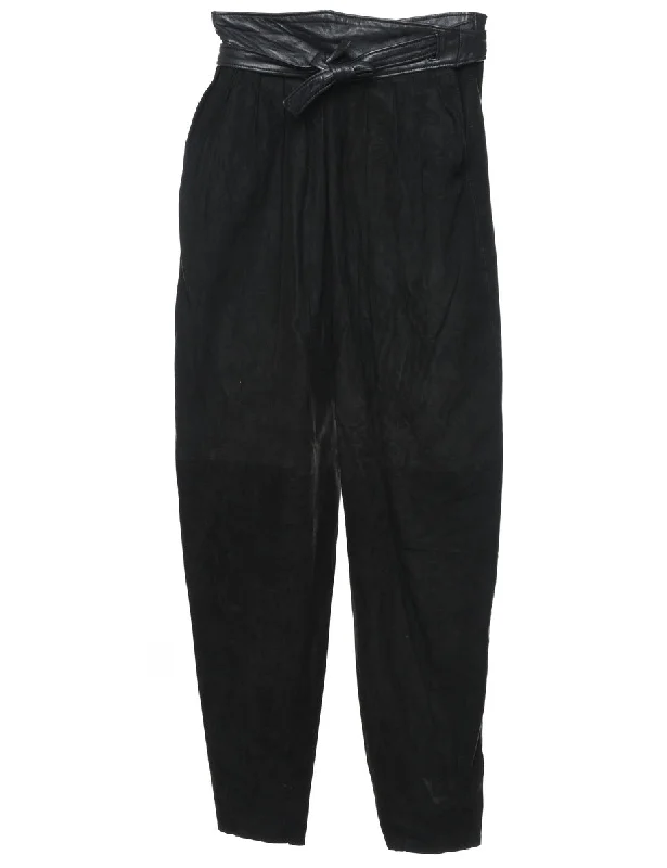 High Waist Black Suede Trousers - W26 L34 Trousers Harem Relaxed Fit