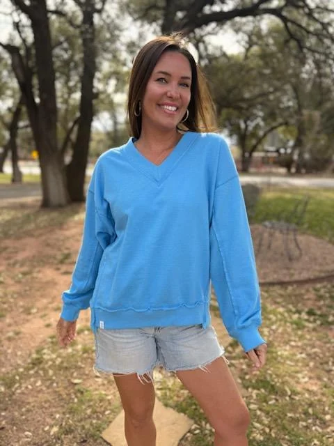 Cyan V Neck Pullover Top Seamless Knit Pullover