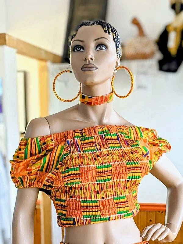 Kufior Smocked Cotton Kente African Print Crop Top-DP3227SCT Fleece Nylon Spandex